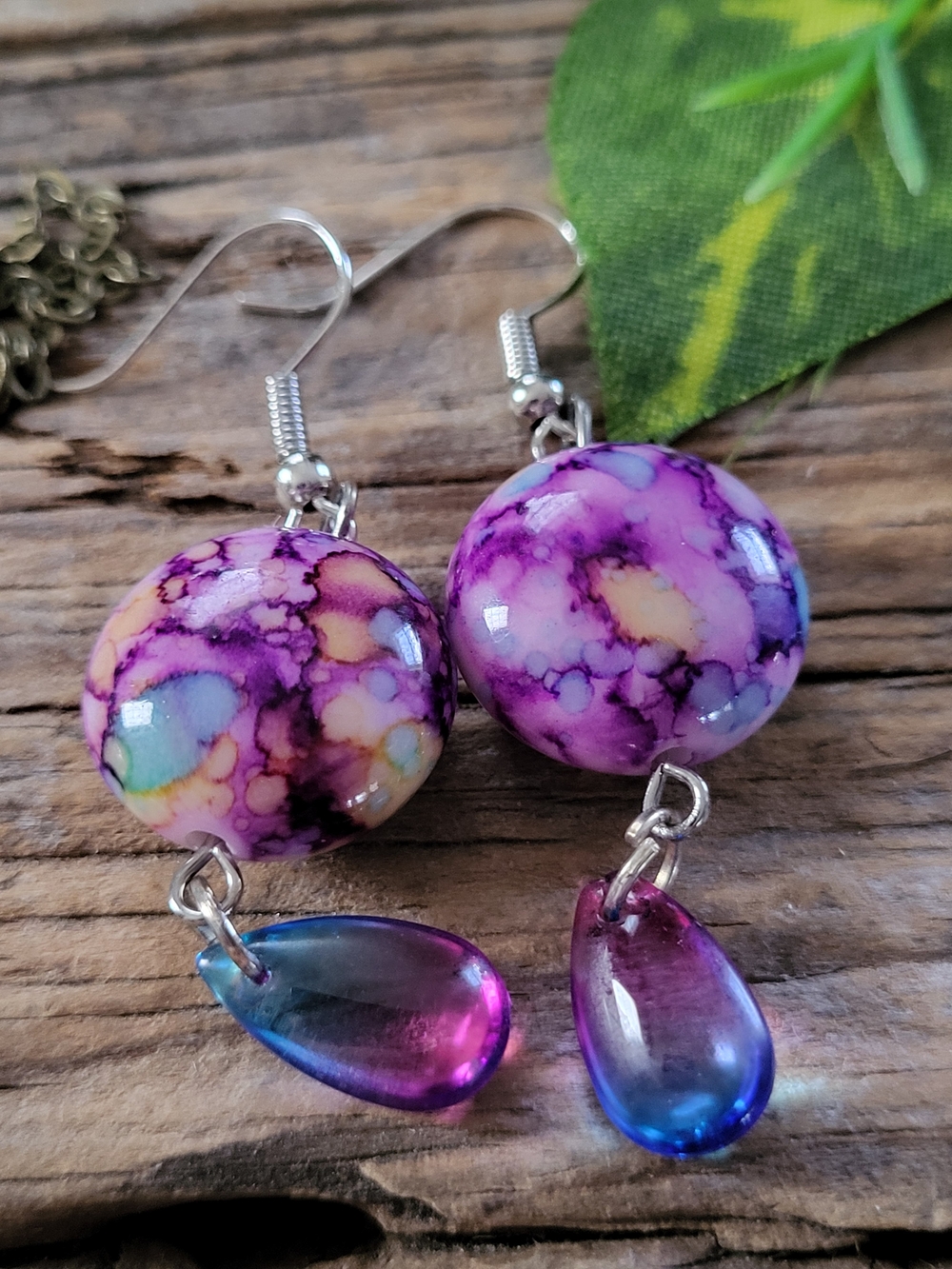 Purple Marble Drop Dangle Earrings